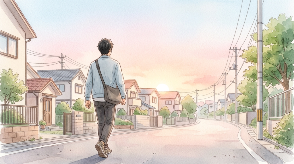 朝焼けの住宅街を歩く人の後ろ姿 ※