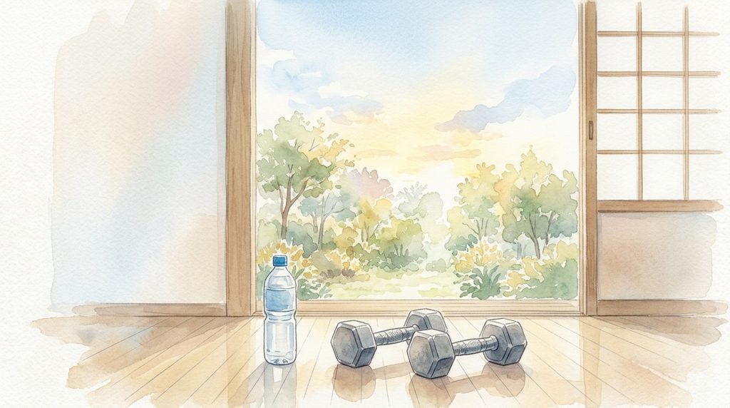 床に並んだペットボトルとダンベルの水彩イラスト