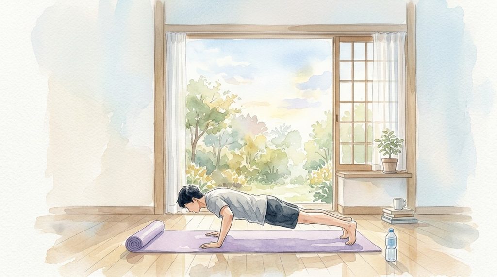 ヨガマットの上で腕立て伏せをする男性の水彩イラスト