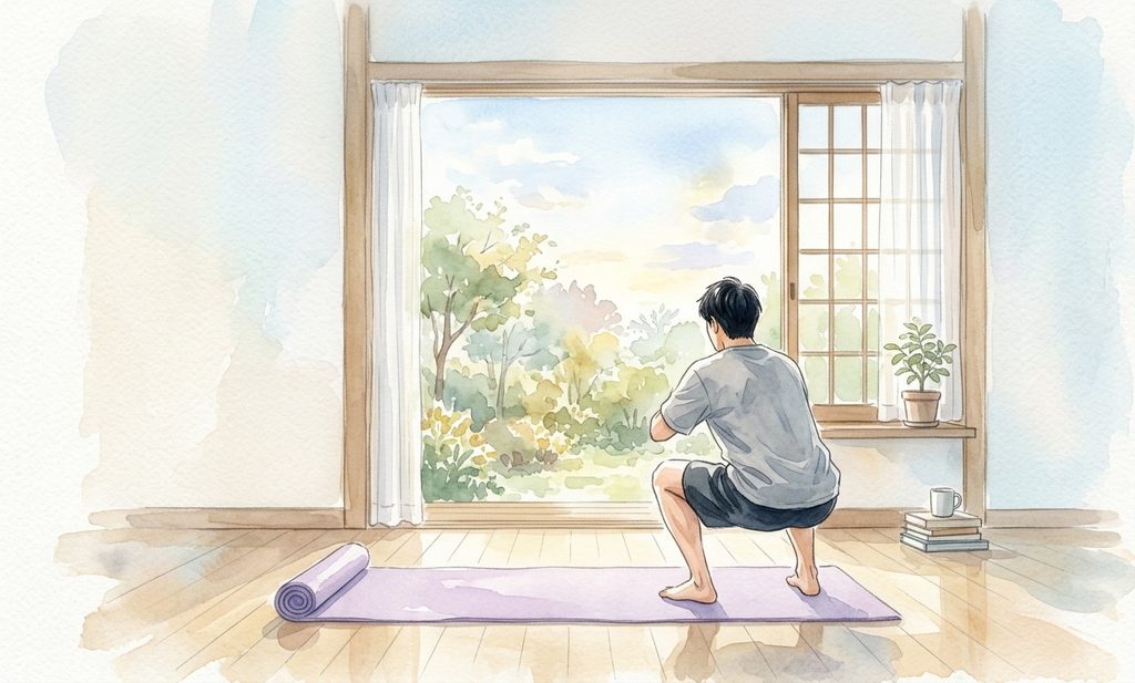 ヨガマットの上でスクワットをする男性の後ろ姿の水彩イラスト