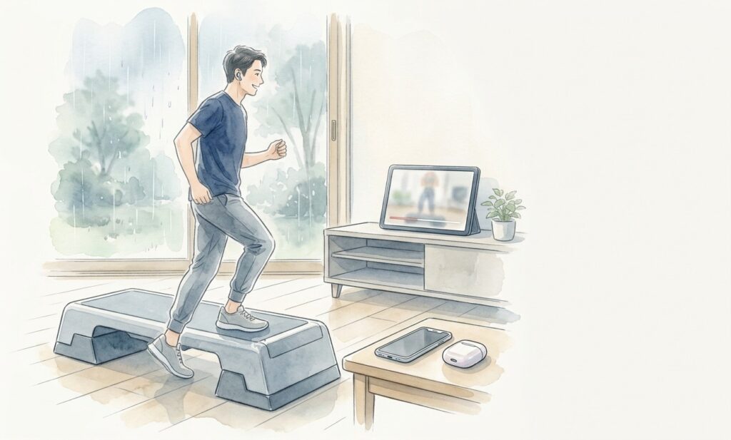イヤホンをつけてステップ台を昇り降りしながら動画を見る人