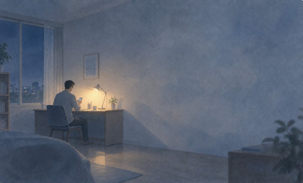 夜、ランプの灯りの下でスマートフォンを見つめる人
